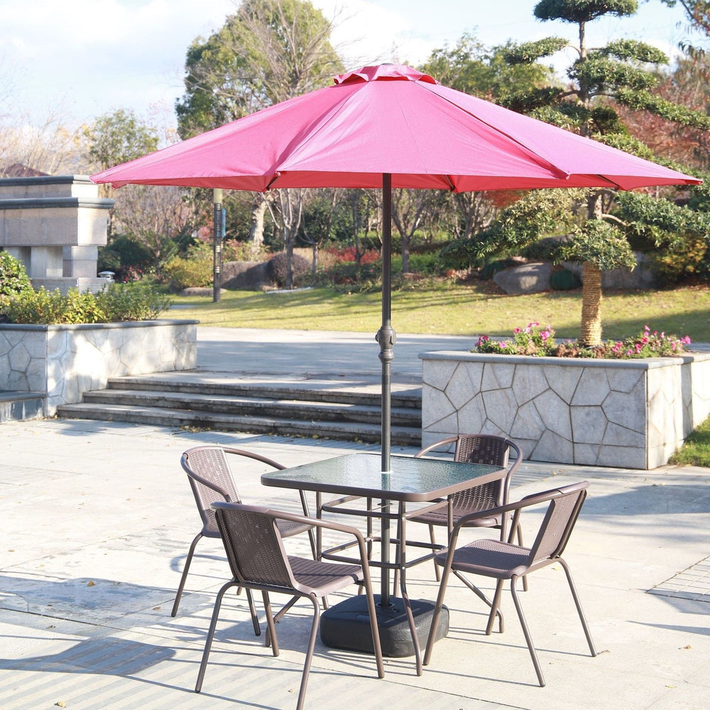 Outdoor table and chair set with umbrella, sunshade, perfect for outdoor cafes, bubble tea shops, and casual outdoor seating. features a wrought iron frame and rattan chairs, ideal for patios and gardens