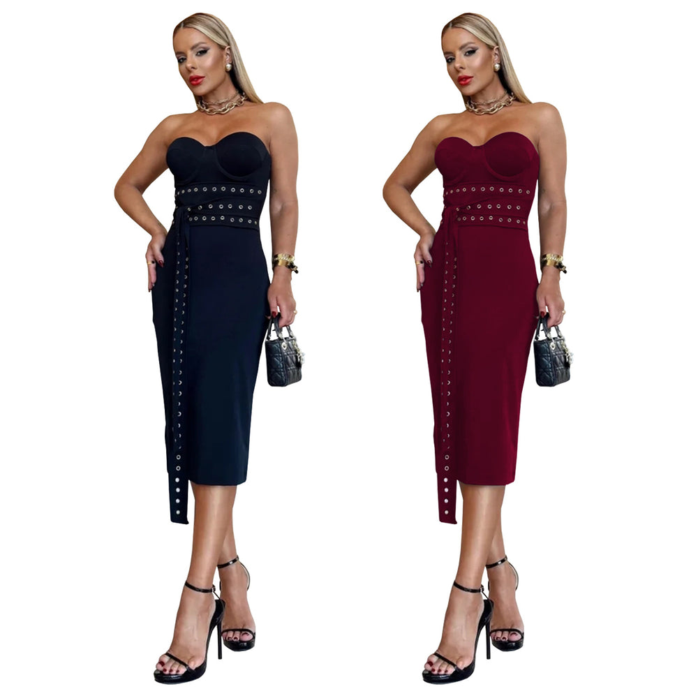 C7517 cross-border   fashion women's sexy bandeau strapless bodycon dress with eyelet detail