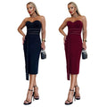 C7517 cross-border   fashion women's sexy bandeau strapless bodycon dress with eyelet detail