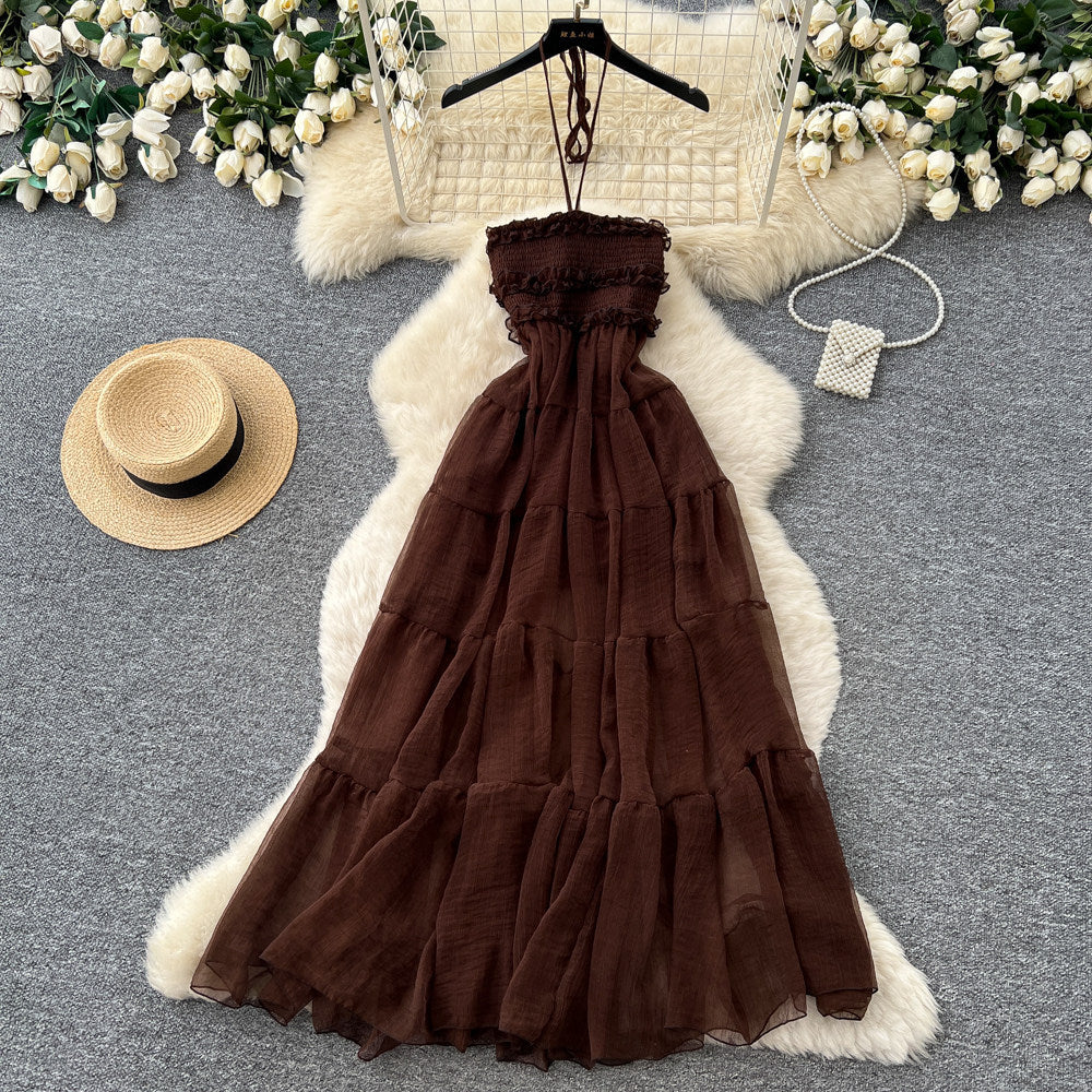 French chic sleeveless high-waisted a-line coffee-colored dress - women's summer slimming cake dress - vacation style maxi dress