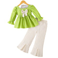 girltwo-piece set fruit green square collar topsbowspleated hem bell pants kids pantssuit