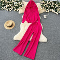 Women's casual knit set - autumn/winter versatile zip-up hoodie sweater jacket & high-waisted wide-leg pants two-piece outfit