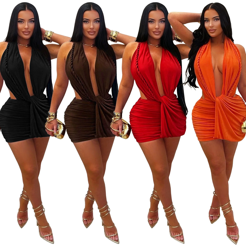 C7771 cross-border  new women's sexy deep v halter bodycon mini dress nightclub hot girl solid color dress