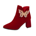 2024fall and winteroutwearfashionboots women's pointed toe thin heel xiuhu red bridal shoes pearl suede short boots