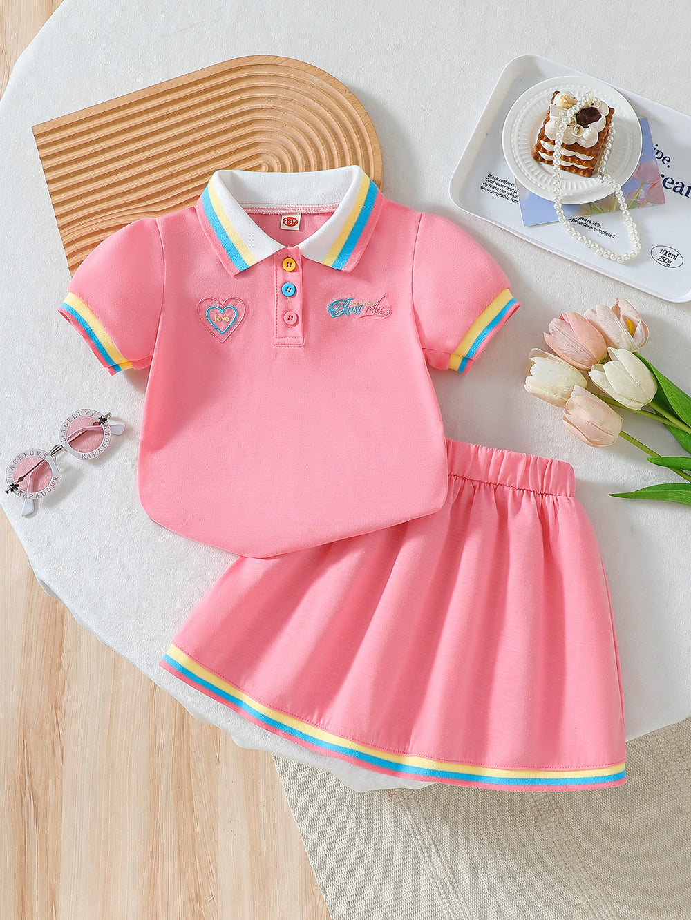 summer new arrival: girls' cute embroidered rainbow stripe collar polo dress two-piece outfit