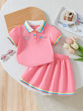 summer new arrival: girls' cute embroidered rainbow stripe collar polo dress two-piece outfit