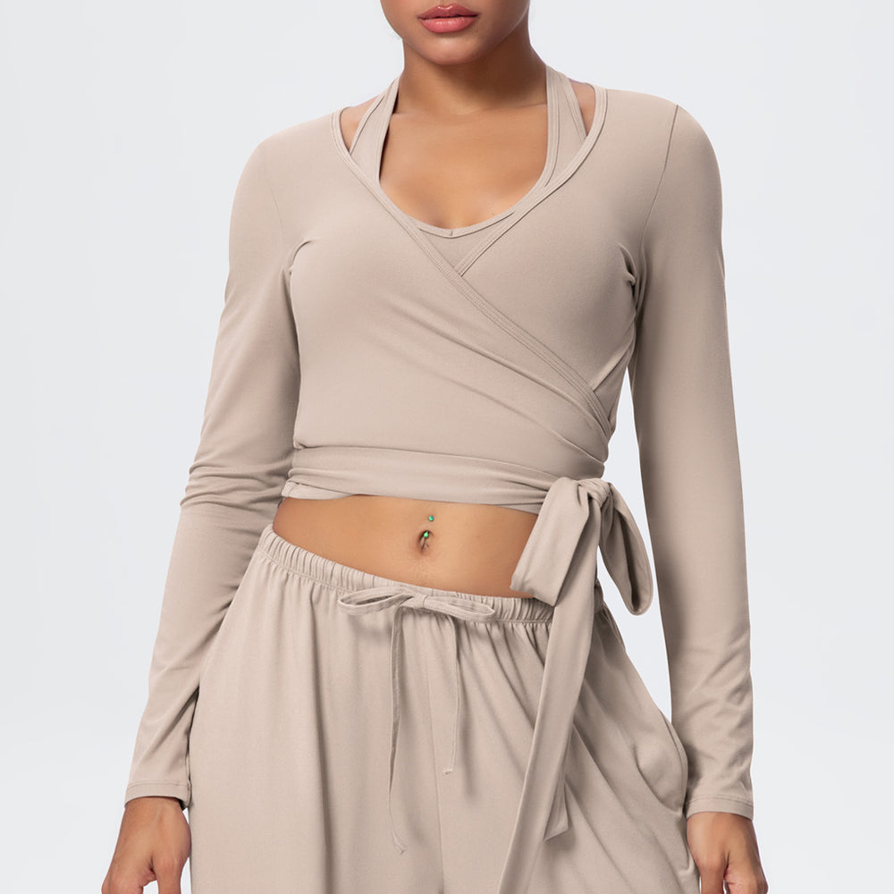 New brushed fabric tie-up long sleeve sports bra with open back, drawstring wide-leg loose pants, outdoor casual fitness outfit