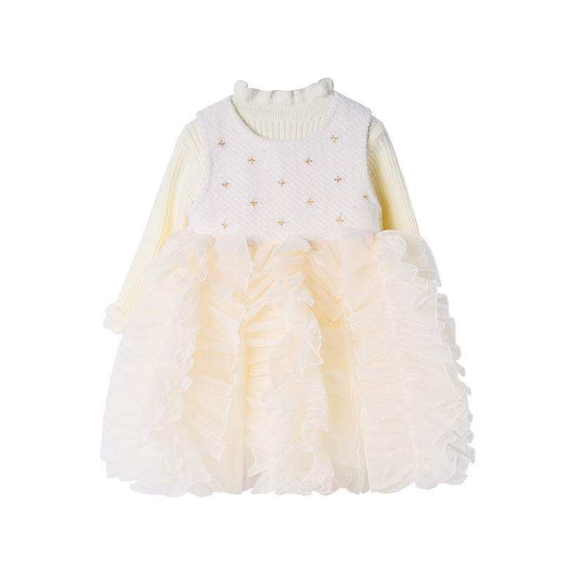 Girls' fleece-lined dress - new autumn/winter  collection: stylish wavy hem sundress, warm base layer, princess dress