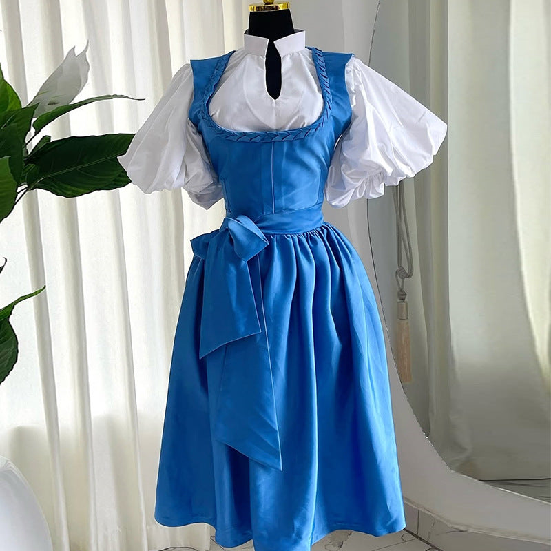 european and american women's clothing  new arrival: elegant and chic collared puff sleeve blouse and tie-waist dress two-piece set