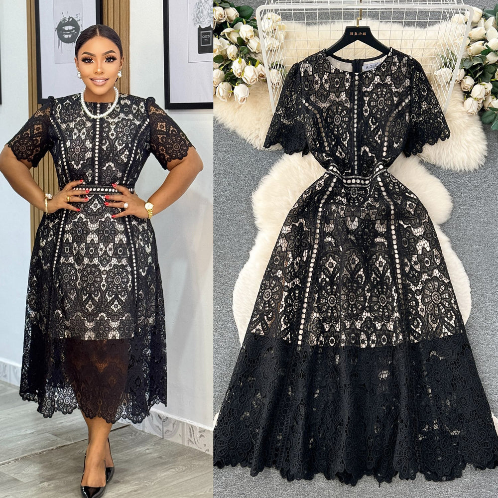 Niche styleretroclassy round neck lotus leaf sleeve lacedress female summernew arrivalslimming lookeleganceelegance long skirt
