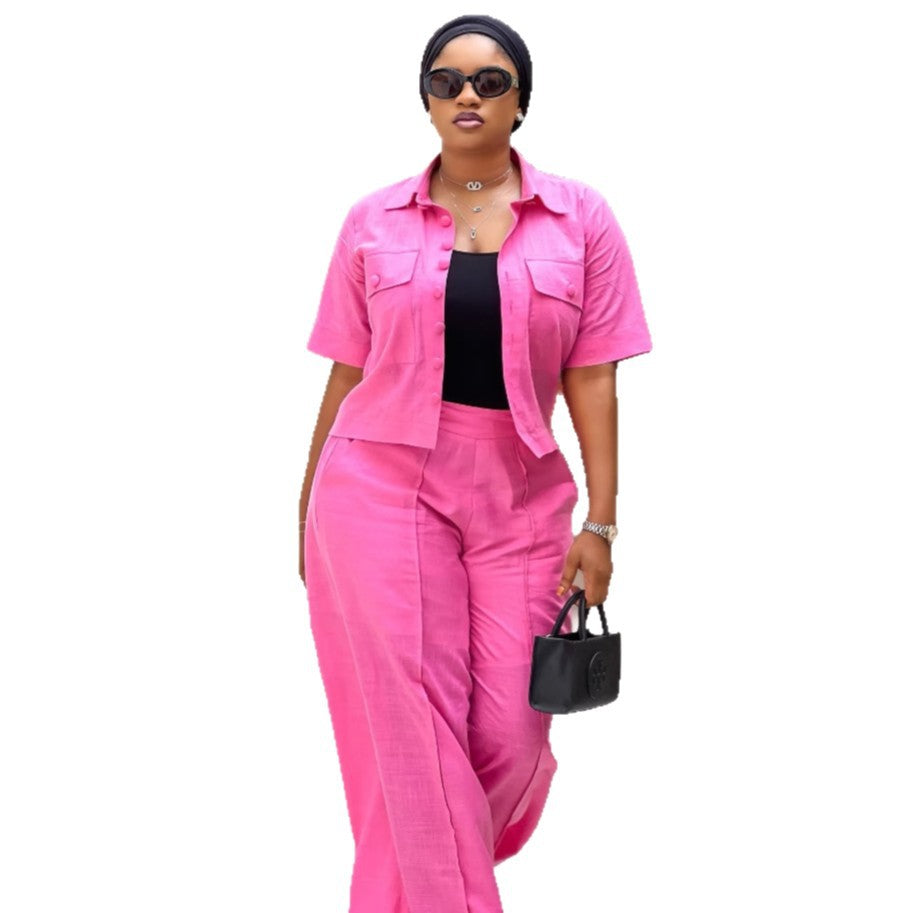 European and American new women's clothing temperament commuter solid color short-sleeved cardigan shirt wide-leg pants African fashion casual suit women