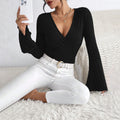 new  cross-border women's european and american v-neck flared sleeve burgundy t-shirt - spring/summer slim-fit base layer top