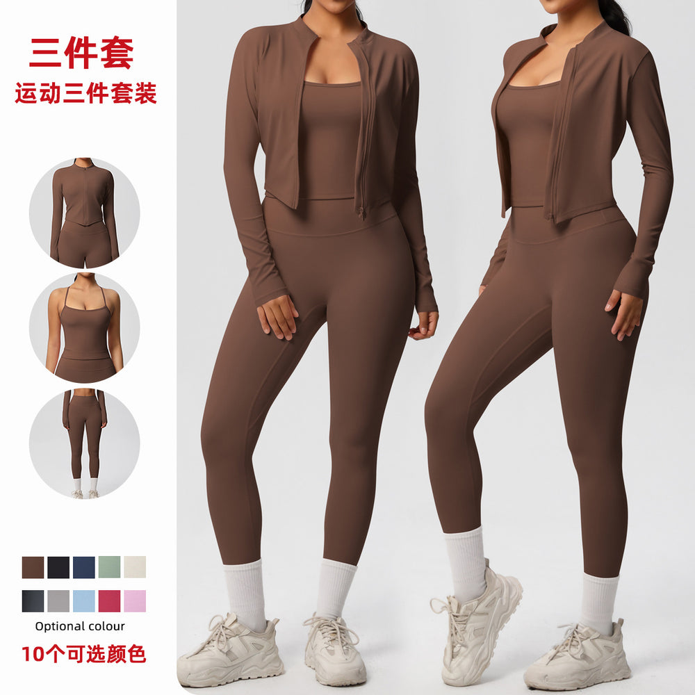 fashionpure color brushed nude breathable sling yoga suit running fitness sportswear three-piece set for women