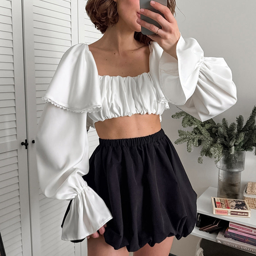 European and American fashion white exposed navel Spice Girl top women's short 2025 summer niche splicing ruffle edge pullover shirt