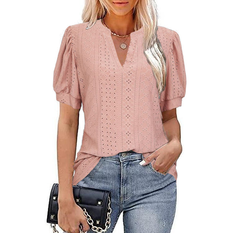 European and american cross-border e-commerce   spring/summer casual v-neck solid color cutout puff sleeve loose t-shirt
