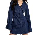 Amazon foreign trade cross-border fashion new women's solid color round neck long sleeve bodycon denim dress - elegant style