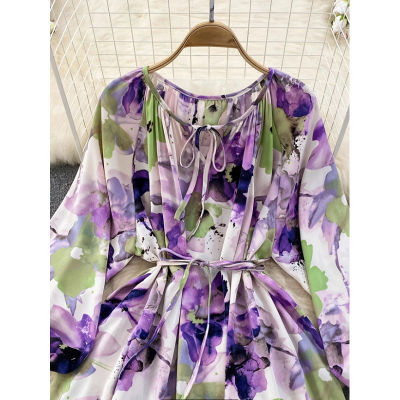 Women's autumn elegant floral print patchwork tiered hem belted lantern sleeve dress