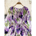Women's autumn elegant floral print patchwork tiered hem belted lantern sleeve dress