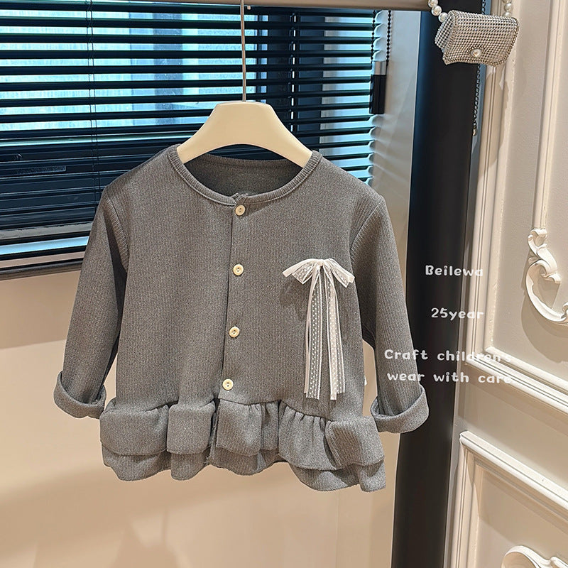 New girls' autumn outfit: versatile three-color bow cardigan - korean style casual, stylish, and trendy cardigan for baby girls