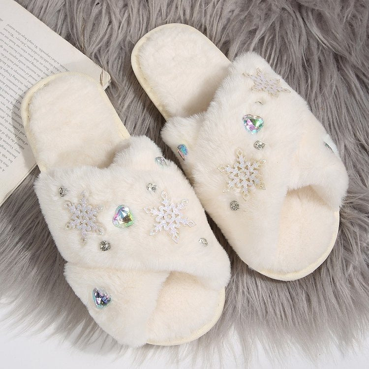foreign trade large size open toe fur slippers bright diamond snowflake fur slippers open cross popular style home women's slippers