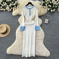 Frenchretrofashionablecontrast color round neck slit long sleevesknittingdress women's autum waist slimming look bottom long skirt