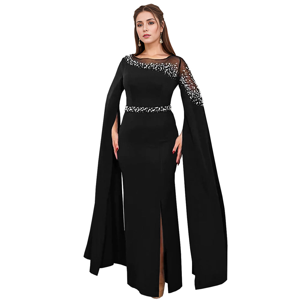 C7303 cross-border   fashion hotfix rhinestone beaded cape sleeve evening gown dress