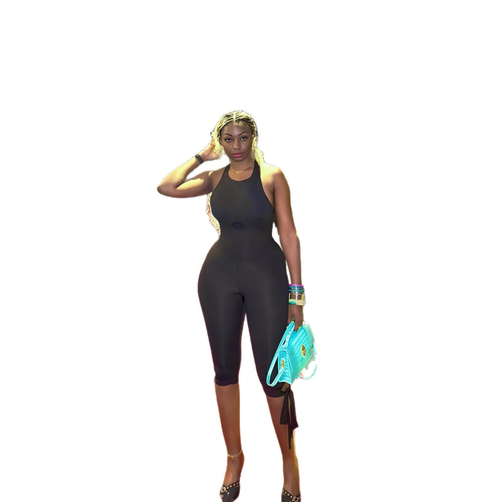 European and american cross-border women's fashion:  autumn new arrival - solid color sleeveless double shoulder u-neck backless bodycon jumpsuit with leggings