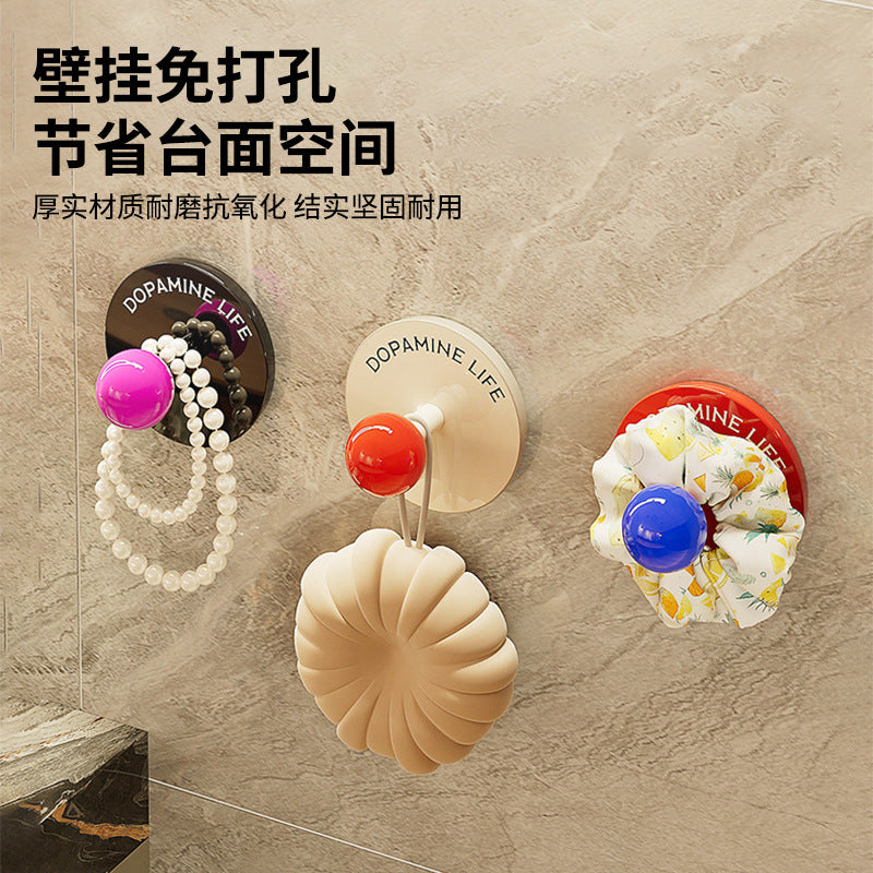 Dopamine wall-mounted non-punching hook, round ball straight hook, super glue sticky rubber band, necklace, jewelry, bathroom storage rack.