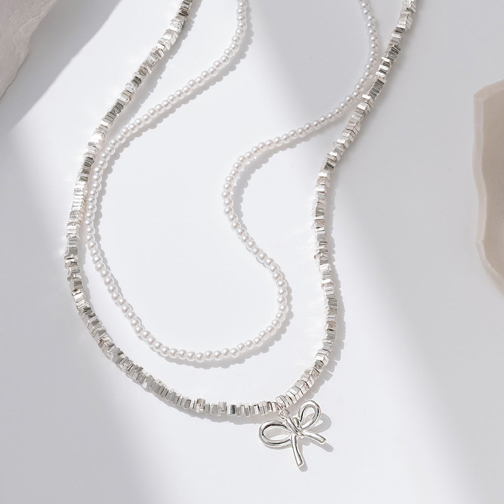 new arrivalbows necklace for women casualclassy sense of retro double-layered design imitation pearl clavicle chain
