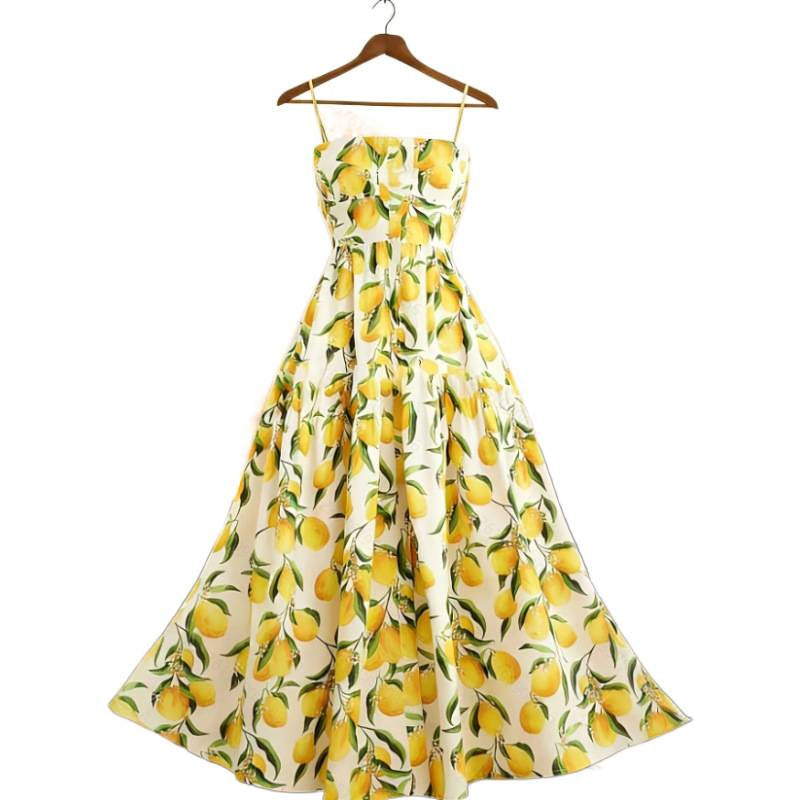 Women's summer new fashion vacation fruit print ruched waist a-line maxi dress