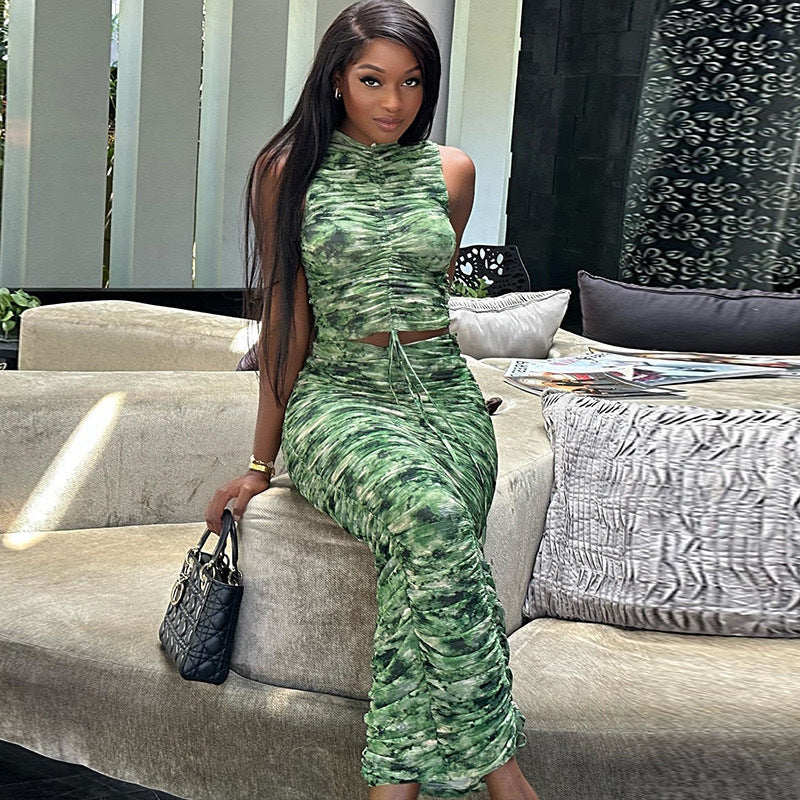 European and American  women's clothing printed sleeveless pullover drawstring top sexy tight hip-wrapped skirt two-piece set