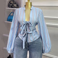 European and american cross-border women's fashion:  autumn new collection - stylish tie-neck v-neck striped slim-fit bubble sleeve blouse top