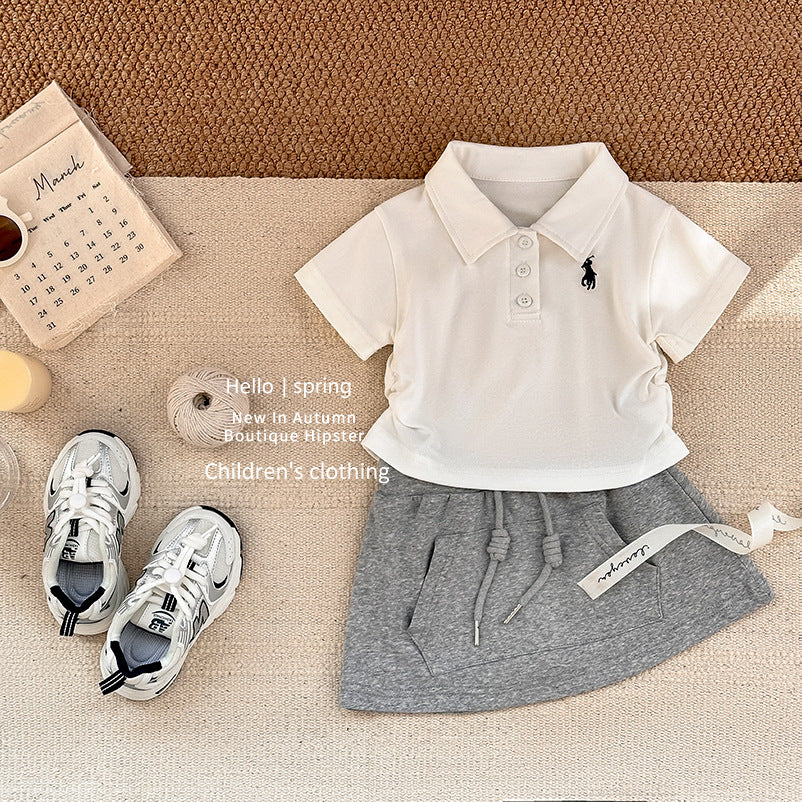 Girls' outfit set -  summer new arrival: stylish polo shirt & trendy casual sports skirt/trousers two-piece set for baby girls