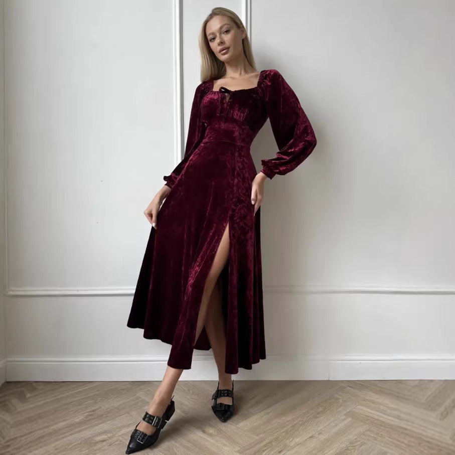Velvet dress women's spring and autumn clothing  new french retro waist slimmingelegant hepburn style little black dress