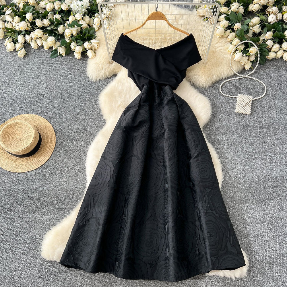 French style women's evening gown 2025 new collection - high-end one-shoulder patchwork waist-defining jacquard a-line maxi dress