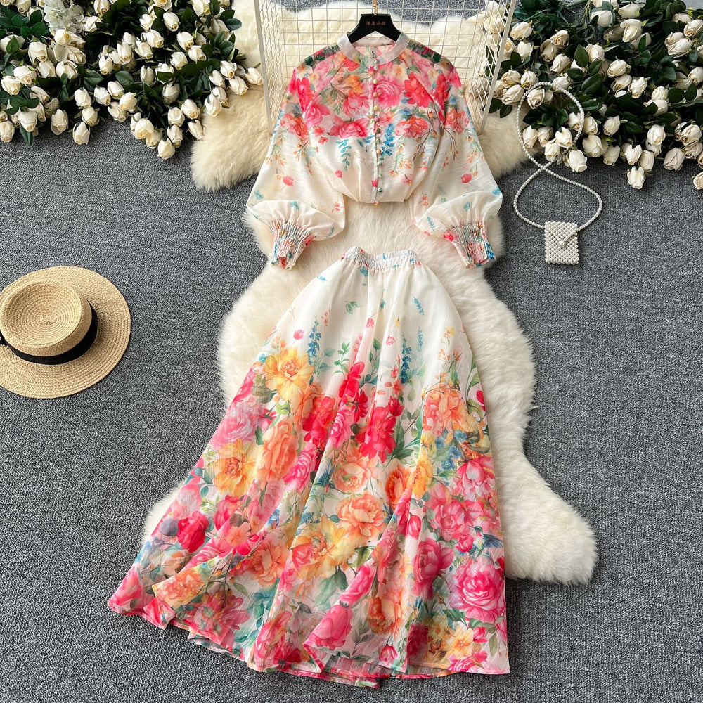 European and american style women's two-piece set: elegant lantern sleeve button-up slim-fit top with high-waisted printed mesh skirt