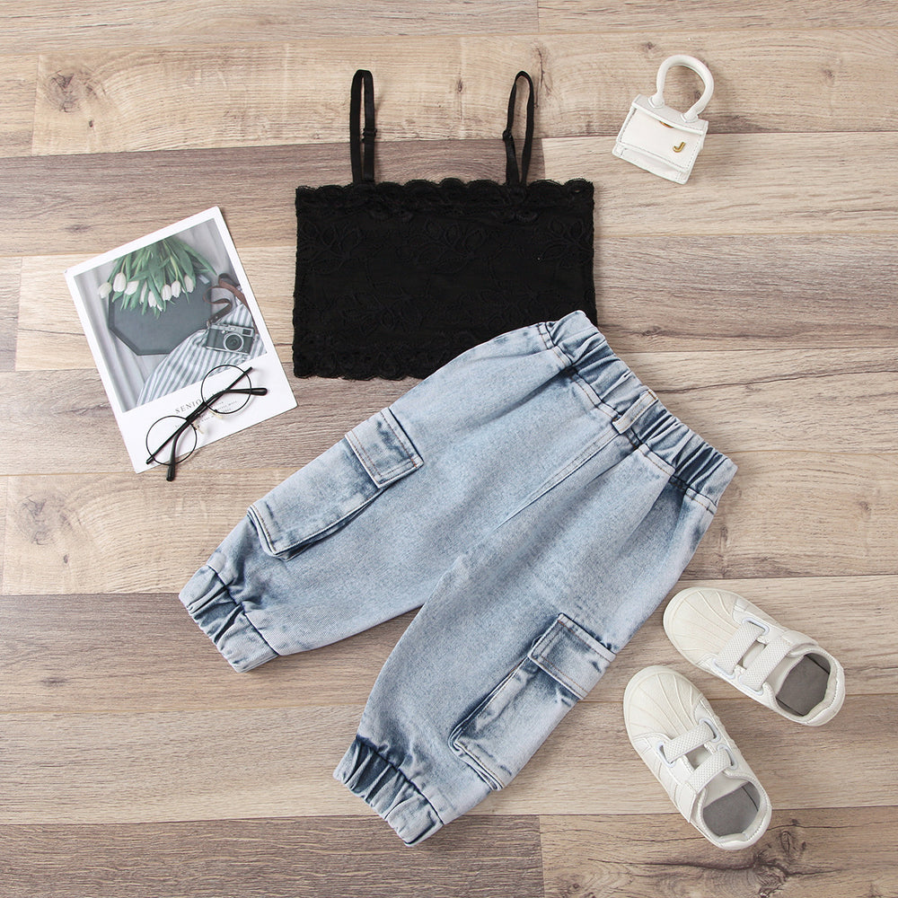 Export cross-border high-quality children's clothing round neck lace lace suspender workwearjeans children's suit