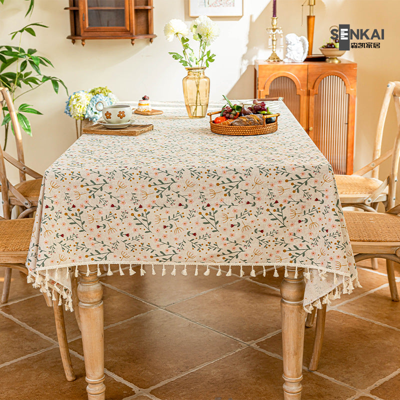 Small fresh tassel waterproof tablecloth imitation cotton and linen fabric printing coffee table cover towel dining table decoration square tablecloth free shipping