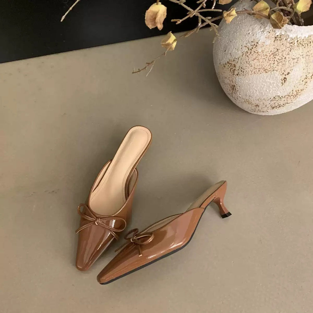 2025 summer new bowknot mid-heel mule sandals - closed toe, plus size, high heel single shoes, summer slippers