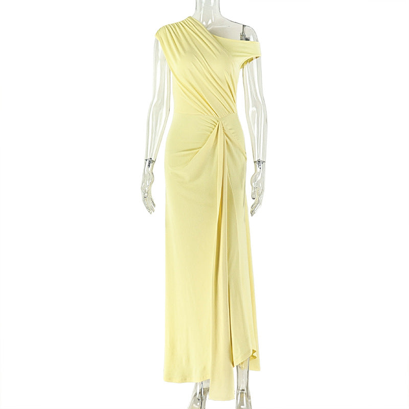European and american style ins cross-border women's pure color design waist pleated a-line skirt oblique collar sleeveless exposed one-shoulder long dress