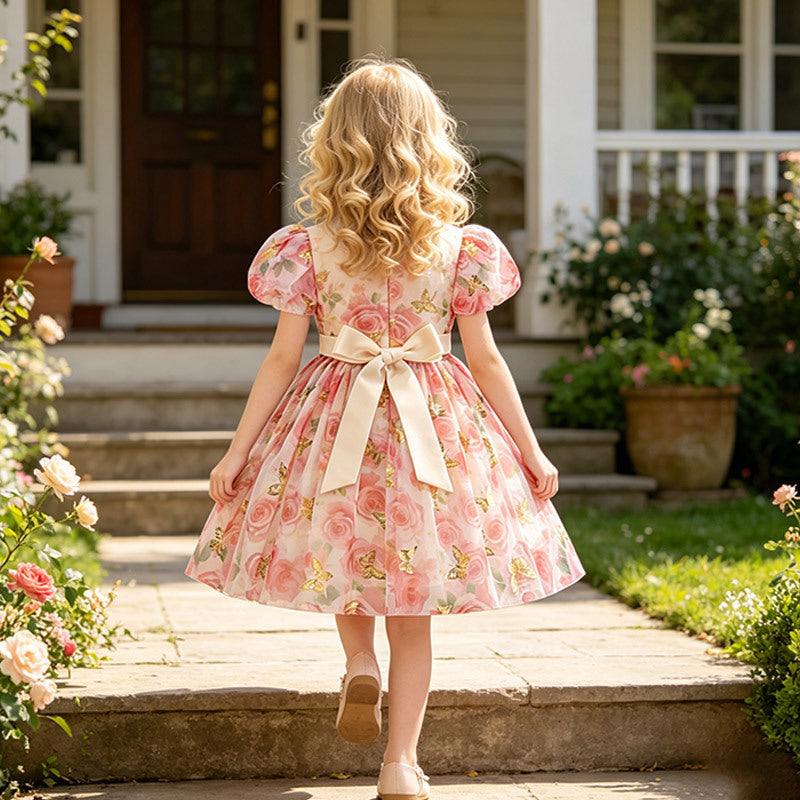 Girls' summer new sweet floral print bubble sleeve dress - perfect for girls' birthday parties - french style cross-border fashion