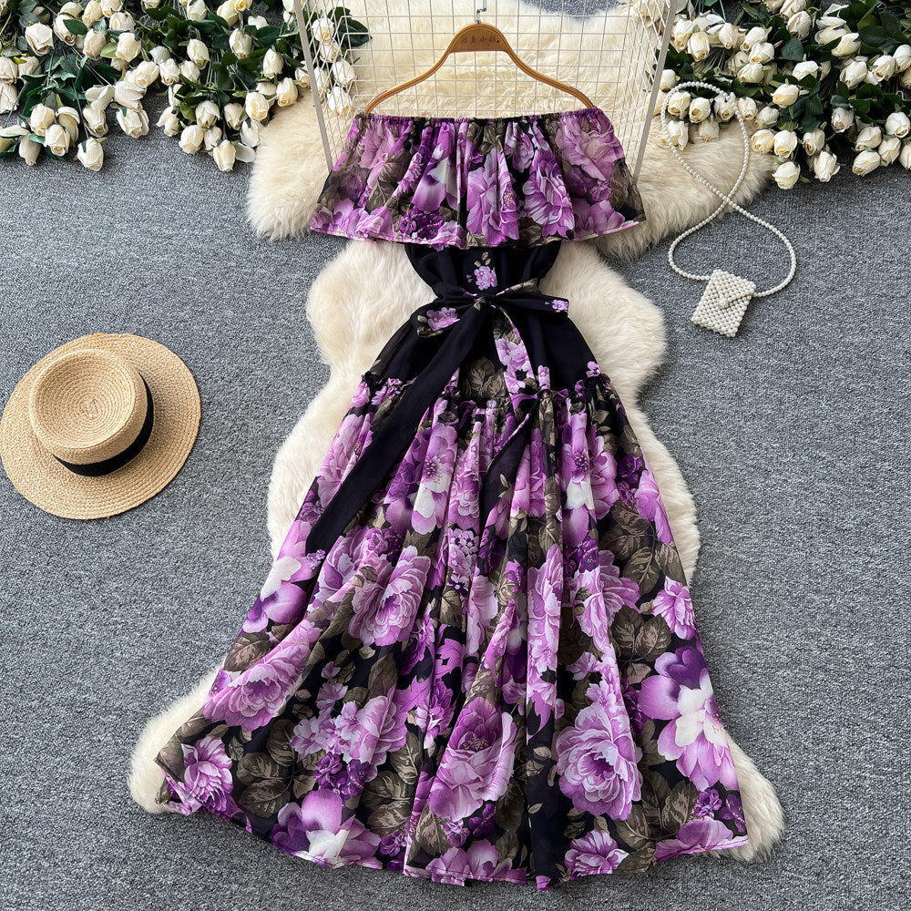 Frenchromantic style one shoulder rufflesprintingdress women's summerk-style floral waist slimming look a-line skirt