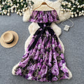 Frenchromantic style one shoulder rufflesprintingdress women's summerk-style floral waist slimming look a-line skirt