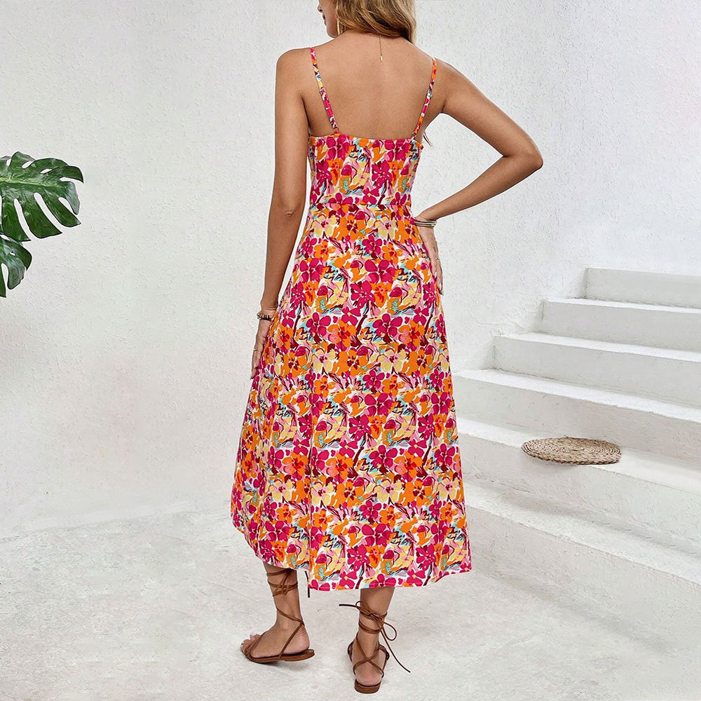 Amazon cross-border women's casual vacation style printed dress - summer square neck spaghetti strap slit midi dress