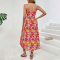 Amazon cross-border women's casual vacation style printed dress - summer square neck spaghetti strap slit midi dress
