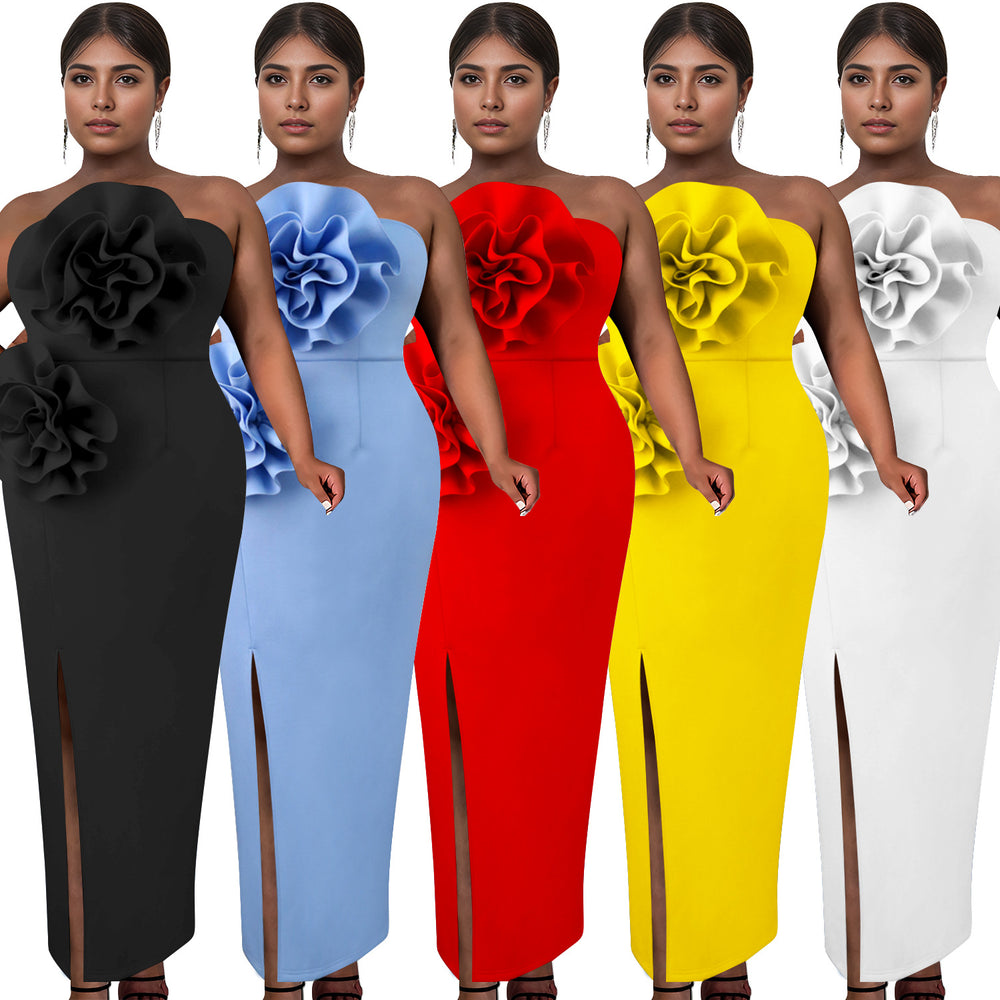 C7039 cross-border   independent station fashion women's solid color sleeveless slit dress new