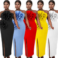 C7039 cross-border   independent station fashion women's solid color sleeveless slit dress new