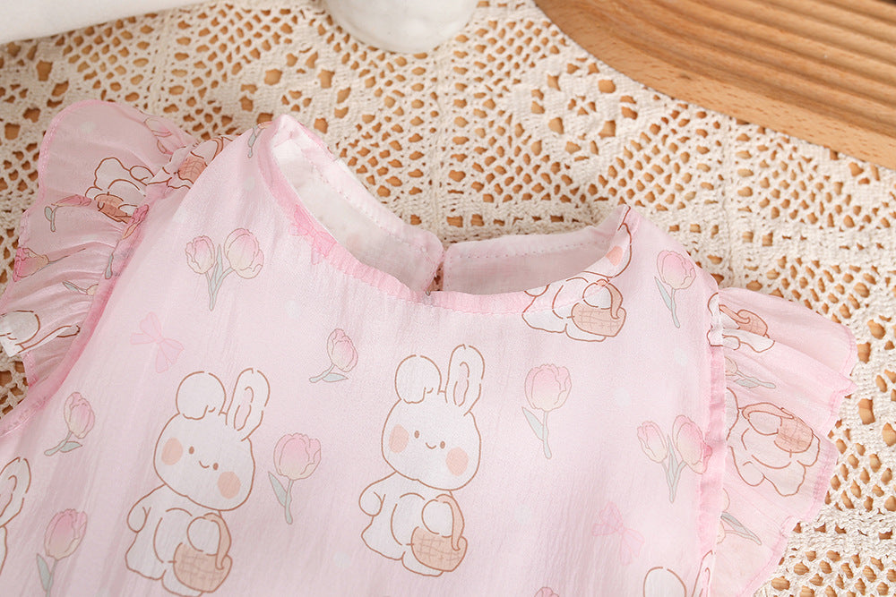 Summer baby flutter sleeve romper - adorable cartoon bunny onesie for sweet baby girls, perfect for newborn milestone photos and outdoor wear
