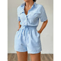 Shipped to europe and the us: -style striped, button-front, short-sleeved, cinched-waist jumpsuit for independent cross-border e-commerce stores