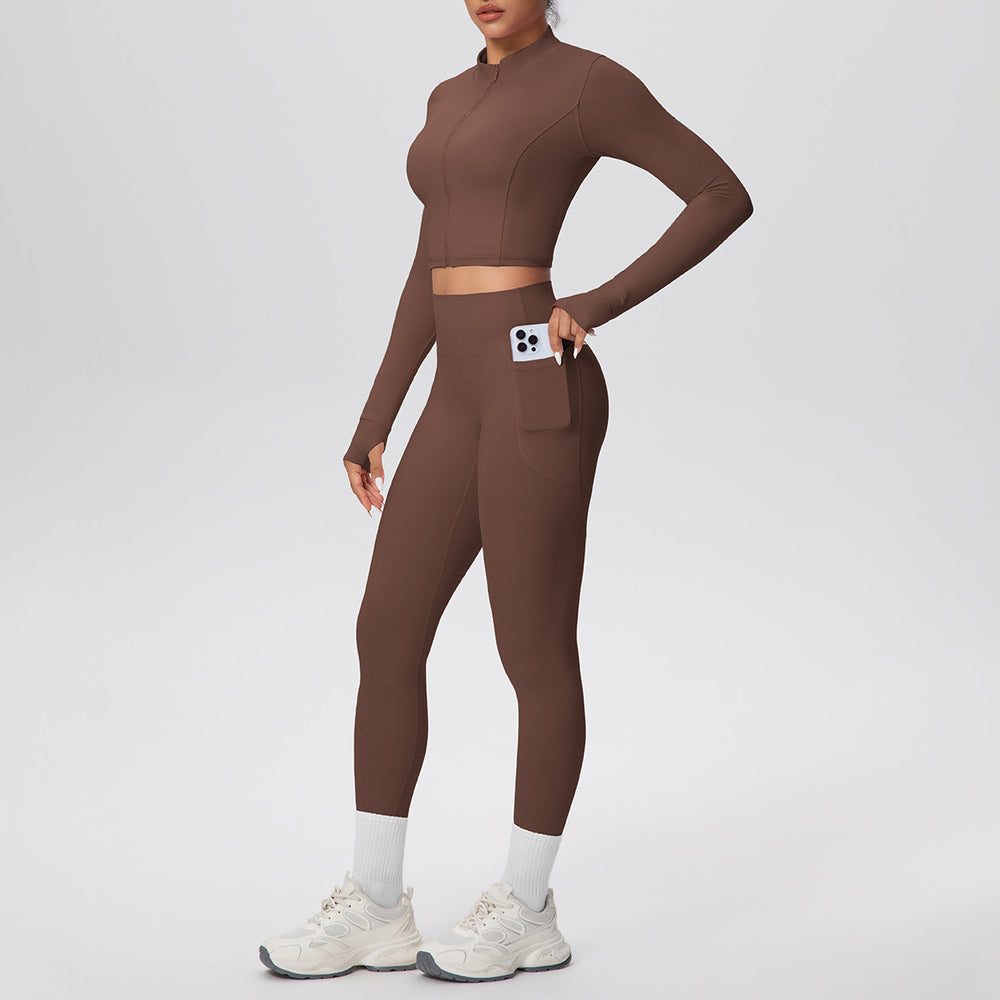 Ready-to-ship cross-border solid color brushed micro-fleece short jacket & leggings set - tight fit, pocketed, perfect for running, fitness, and yoga
